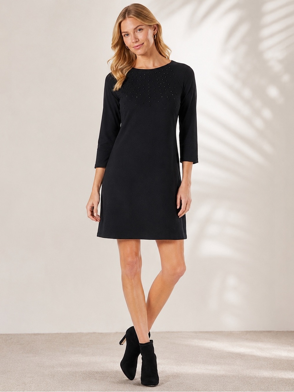 Tommy Bahama Black Embellished Shift Dress XL Tencel Modal 3/4 Sleeve Stretch